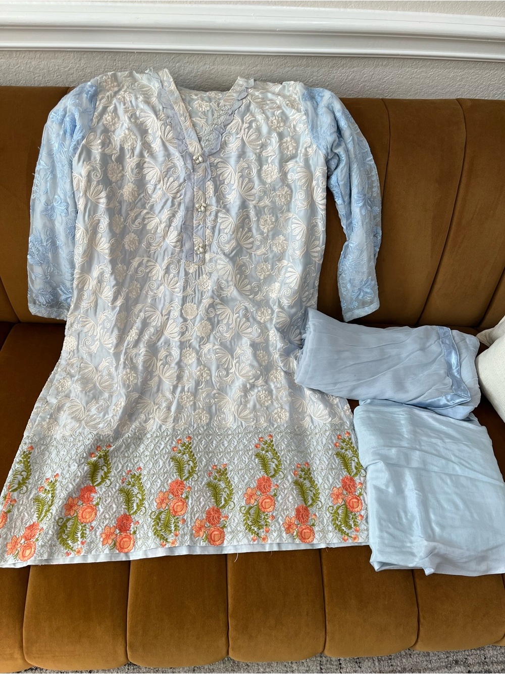 Light Blue Embroidered Women's Dress with Floral Border